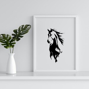 May include: A framed black and white horse art print. The artwork features a stylized illustration of a horse's head and flowing mane. The print is displayed on a white shelf next to a white vase with green leaves.