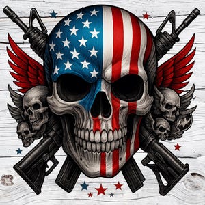 May include: A detailed illustration of a skull with the American flag painted on it. The skull has crossed rifles behind it, with red wings and smaller skulls on either side. The design is in red, white, blue, and black.