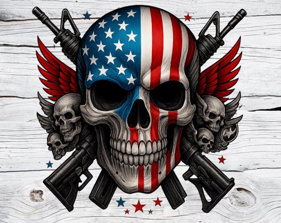 American Flag Skull PNG | Patriotic Skull Design with Guns & Wings | USA Grunge Sublimation PNG for T-Shirts Mugs Stickers
