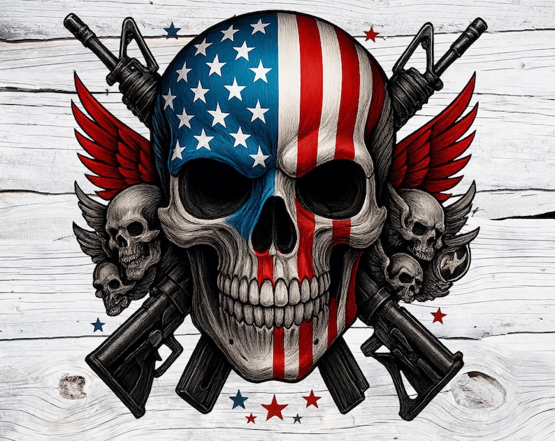 May include: A detailed illustration of a skull with the American flag painted on it. The skull has crossed rifles behind it, with red wings and smaller skulls on either side. The design is in red, white, blue, and black.