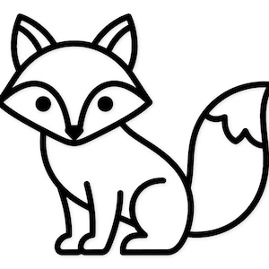 May include: A black and white illustration of a fox in a sitting position. The fox has large ears, a pointed snout, and a bushy tail. The design is simple and graphic, with thick black outlines.