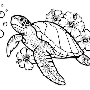Sköldpadda med hibiskusblommor Svg Png | Digital design av havssköldpadda för hantverk | Direkt nedladdning