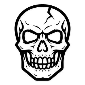 Puede incluir: Ilustración en blanco y negro de una calavera con la frente agrietada. La calavera tiene grandes cuencas oculares, una cavidad nasal prominente y una dentadura completa. El diseño es audaz y gráfico.