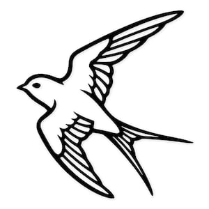 May include: A black and white illustration of a swallow in flight. The bird is depicted with its wings spread, showcasing detailed feather patterns. The swallow's body is white, and the outline and wing details are black.