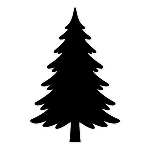 May include: A black silhouette of a Christmas tree on a white backdrop. The tree has a traditional evergreen form, with layered branches and a pointed top. The trunk is a solid, dark colour.