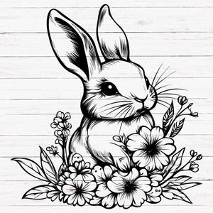 Könnte beinhalten: Schwarz-weiß-Linienzeichnung eines Kaninchens, das in einem Blumenbeet sitzt. Das Kaninchen hat große Ohren und einen flauschigen Schwanz. Die Blumen blühen und haben zarte Blütenblätter.