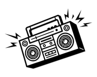 May include: A monochrome illustration of a retro boombox, complete with speakers and a carrying handle. The design includes angular lines and stylized sound waves radiating from the corners, implying music.