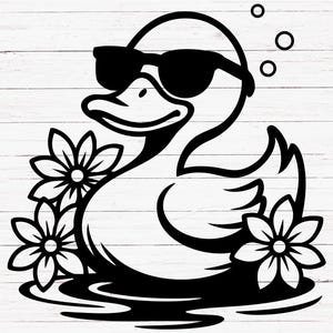 May include: A black and white illustration of a duck wearing sunglasses and floating in a pond with flowers.