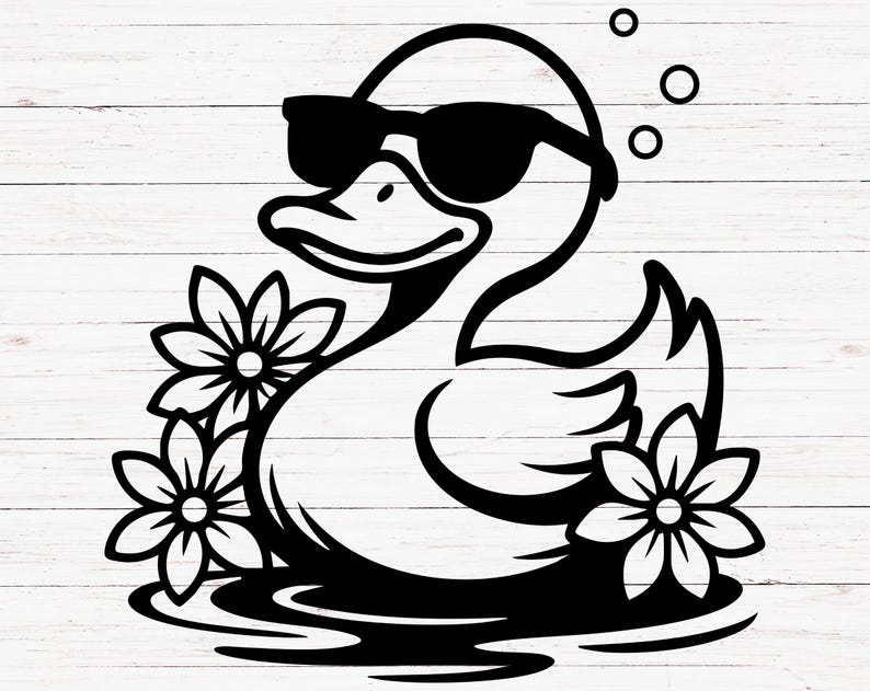 May include: A black and white illustration of a duck wearing sunglasses and floating in a pond with flowers.