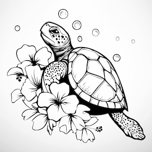 Op de afbeelding: Een zwart-witte lijntekening van een zeeschildpad die zwemt met bubbels eromheen. De schildpad is omringd door hibiscusbloemen.