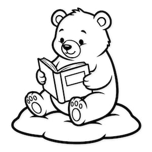 May include: Black and white cartoon illustration of a bear reading a book while sitting on a cloud. The bear has a friendly expression and is holding the book with both paws. The book is open, and the bear appears to be engrossed in reading.