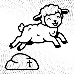 May include: A black and white illustration of a cartoon lamb leaping joyfully above a stone with a cross. The lamb has a fluffy head and a smiling face. The background has a dotted pattern.