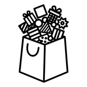 Op de afbeelding: Zwart-witte lijntekening van een boodschappentas vol cadeaus. De cadeaus zijn versierd met strepen, stippen en strikken. De afbeelding suggereert een thema van viering of cadeau geven, perfect voor speciale gelegenheden.