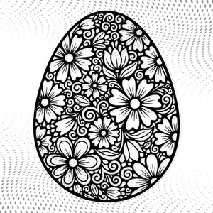 May include: A black and white floral Easter egg design. The egg shape is filled with detailed flower and leaf patterns, creating an intricate look. The design is set against a white background with a dotted pattern.