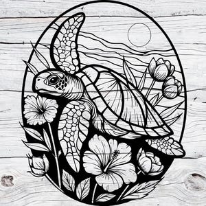 Turtle Svg | Sea Turtle SVG PNG | Floral Ocean Turtle Line Art | Hibiscus Beach Scene Digital Cut File for Cricut & Laser