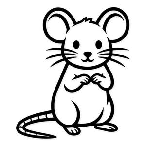 Puede incluir: Ilustración de dibujos animados en blanco y negro de un ratón. El ratón tiene orejas grandes y redondeadas, una cola larga y está dibujado con un estilo sencillo y limpio. El ratón está de pie con las patas juntas.