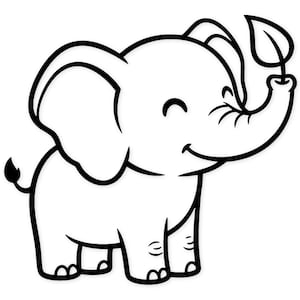 May include: A black and white cartoon illustration of a smiling elephant holding a leaf with its trunk. The elephant has large ears, a small tail, and is standing on four legs. The image is a simple, clean design.