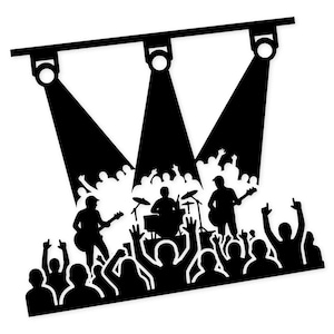 May include: Black silhouette of a band performing on stage under three spotlights. The band consists of a drummer, two guitarists, and a crowd of cheering fans with raised arms. A music-themed design.
