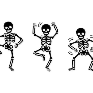 May include: Three black and white cartoon skeletons in various dancing poses. Each skeleton has a black skull, rib cage, and limbs. The skeletons are set against a plain white background, creating a playful and festive Halloween theme.