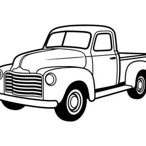Puede incluir: Ilustración en blanco y negro de una camioneta vintage. El camión presenta un diseño clásico con un capó redondeado, una parrilla prominente y una caja de carga. Las ruedas y los neumáticos son negros, y la carrocería es blanca.