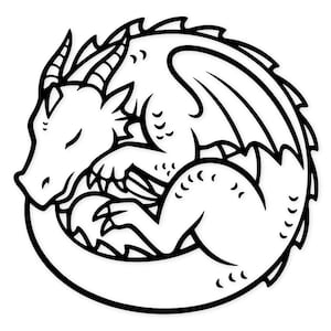 Könnte beinhalten: Schwarz-Weiß-Illustration eines schlafenden Drachen, der sich in einem Kreis zusammenrollt. Der Drache hat Hörner, Flügel und einen langen Schwanz. Der Drache befindet sich in einer entspannten Pose mit geschlossenen Augen.