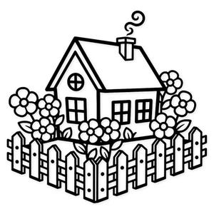 Può includere: Illustrazione in bianco e nero di una casa con un camino, circondata da fiori e una staccionata. La casa ha una finestra rotonda e due finestre quadrate.