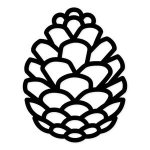 Puede incluir: Ilustración en blanco y negro de una piña de pino. La piña se representa de forma estilizada, con un contorno negro grueso que define su forma y detalles internos. La imagen se presenta sobre un fondo blanco.