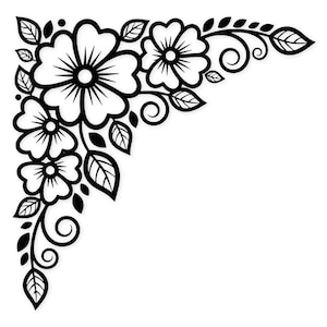 Op de afbeelding: Zwart-wit bloemenhoekontwerp met gestileerde bloemen, bladeren en krullende ranken. Dit decoratieve element is geschikt voor diverse knutselprojecten, scrapbooking of digitale kunsttoepassingen.