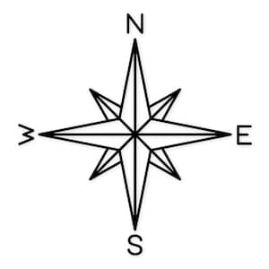 May include: A black and white compass rose illustration. The compass rose has eight points, with the cardinal directions labeled N, S, E, and W. The design is simple and graphic, set against a white background.
