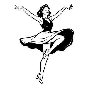 Op de afbeelding: Zwart-wit illustratie van een vrouw in een balletpose. Ze draagt een mouwloze top en een uitlopende rok. Haar armen zijn uitgestrekt en ze balanceert op één been, het andere is uitgestrekt.