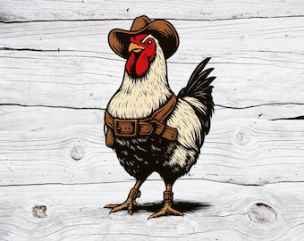 May include: A cartoon illustration of a rooster wearing a brown cowboy hat, a leather harness, and a belt. The rooster has a red comb and wattle, with black and white feathers. The background is a white wooden plank design.