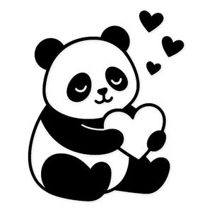 May include: A black and white cartoon panda holding a white heart, with three black hearts floating above. The panda has closed eyes and a smiling expression, set against a white background.