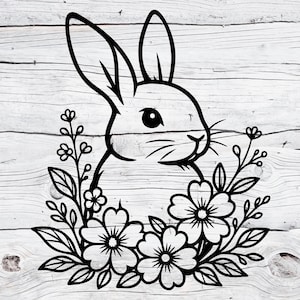Kaninchen-Svg | Blumen Hase SVG Png | Niedliche Frühling Kaninchen Clipart | Hase mit Blumen Umriss Cut File für Cricut und Silhouette