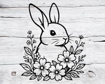 Bunny Svg | Floral Bunny Svg Png | Cute Spring Rabbit Clipart | Bunny with Flowers Outline Cut File for Cricut and Silhouette