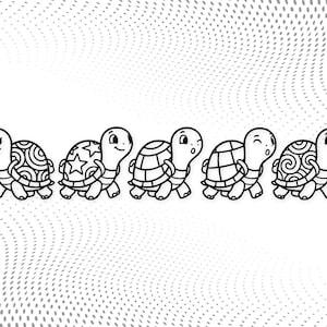 May include: A black and white illustration of five cartoon turtles walking in a row. Each turtle has a unique shell pattern, including swirls, stars, and geometric designs. The turtles have smiling faces and are set against a dotted background.