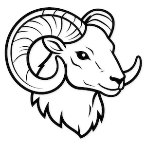 Op de afbeelding: Een zwart-wit illustratie van een rammenkop. De ram heeft grote, gebogen hoorns, een gedetailleerd oog en een ruige nek. De afbeelding is een grafisch ontwerp, waarschijnlijk voor een logo of embleem.