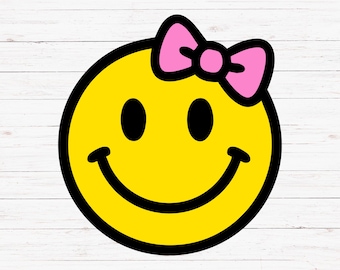 Smileygezicht met roze strik SVG PNG, meisje emoji snijbestand (digitale download)