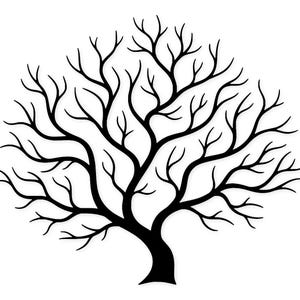 May include: A black tree silhouette on a white backdrop. The tree's trunk broadens into many thin, winding branches and twigs, forming a detailed and complex design. The image is a simple, yet elegant representation of nature, suitable for various applications.
