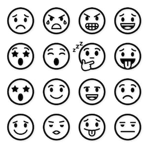 Könnte beinhalten: Eine Sammlung von sechzehn schwarz-weißen Emoji-Gesichtern, jedes mit einem einzigartigen Ausdruck. Die Emojis umfassen traurige, wütende, überraschte, glückliche und nachdenkliche Gesichter, unter anderem. Das schlichte Design macht sie vielseitig einsetzbar.