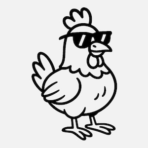 Könnte beinhalten: Schwarz-weiße Cartoon-Illustration eines Huhns mit Sonnenbrille. Das Huhn steht aufrecht, die Flügel an den Seiten. Das Bild ist eine einfache Strichzeichnung im minimalistischen Stil.