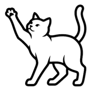 May include: A black and white line drawing of a cat with its paw raised. The cat is in a playful pose, with its tail curved upwards. The image is a simple, graphic illustration.