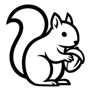 Könnte beinhalten: Schwarz-weiße Cartoon-Illustration eines Eichhörnchens, das eine Eichel hält. Das Eichhörnchen hat einen großen, flauschigen Schwanz und ist in einem einfachen, grafischen Stil dargestellt. Die Eichel wird in seinen Pfoten gehalten.