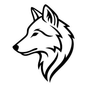 Può includere: Illustrazione in bianco e nero della testa di un lupo di profilo. L'immagine presenta linee nette e audaci che definiscono i tratti del lupo, tra cui l'occhio, il naso, l'orecchio e la pelliccia. Il design è semplice e grafico.