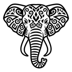 May include: A black and white graphic of an elephant's head, featuring intricate tribal patterns. The elephant's ears and head are adorned with detailed designs, and its trunk is curled. The image is a symmetrical, front-facing view.