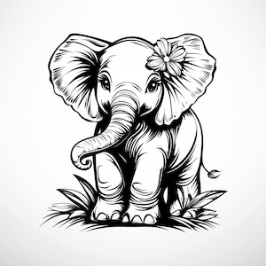May include: Black and white line art illustration of a baby elephant with a flower in its ear. The elephant is standing on its hind legs with its trunk raised. The elephant is surrounded by grass.