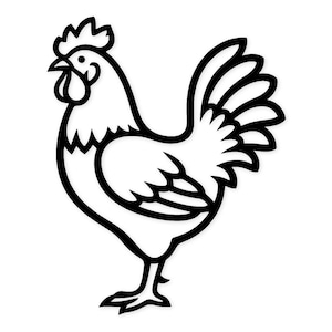 以下が含まれることがあります： 黒と白の線画の雄鶏。 雄鶏は横顔で描かれており、とさか、肉垂、尾羽などの詳細な特徴があります。 この画像は、シンプルでグラフィックなイラストです。
