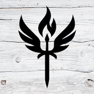 May include: A black graphic design featuring a stylized sword with wings and a flame at the top. The design is set against a white wooden background with visible wood grain.