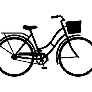 Könnte beinhalten: Schwarze Silhouette eines Cruiser-Fahrrads mit Korb, Schutzblechen und Gepäckträger. Das Fahrrad hat einen geschwungenen Lenker und einen bequemen Sattel, ideal für gemütliche Fahrten. Die Räder sind groß, und das Design ist schlicht und elegant.