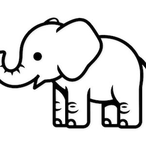 May include: A black and white cartoon elephant illustration. The image features a simplified design with bold black outlines. The elephant has large ears, a trunk, and a small tail. It is facing left, with a friendly expression.