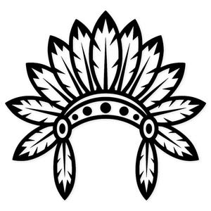 May include: A monochrome illustration of a Native American headdress. The design includes a curved band with circular details and is decorated with numerous feathers. Two feathers are suspended on either side.
